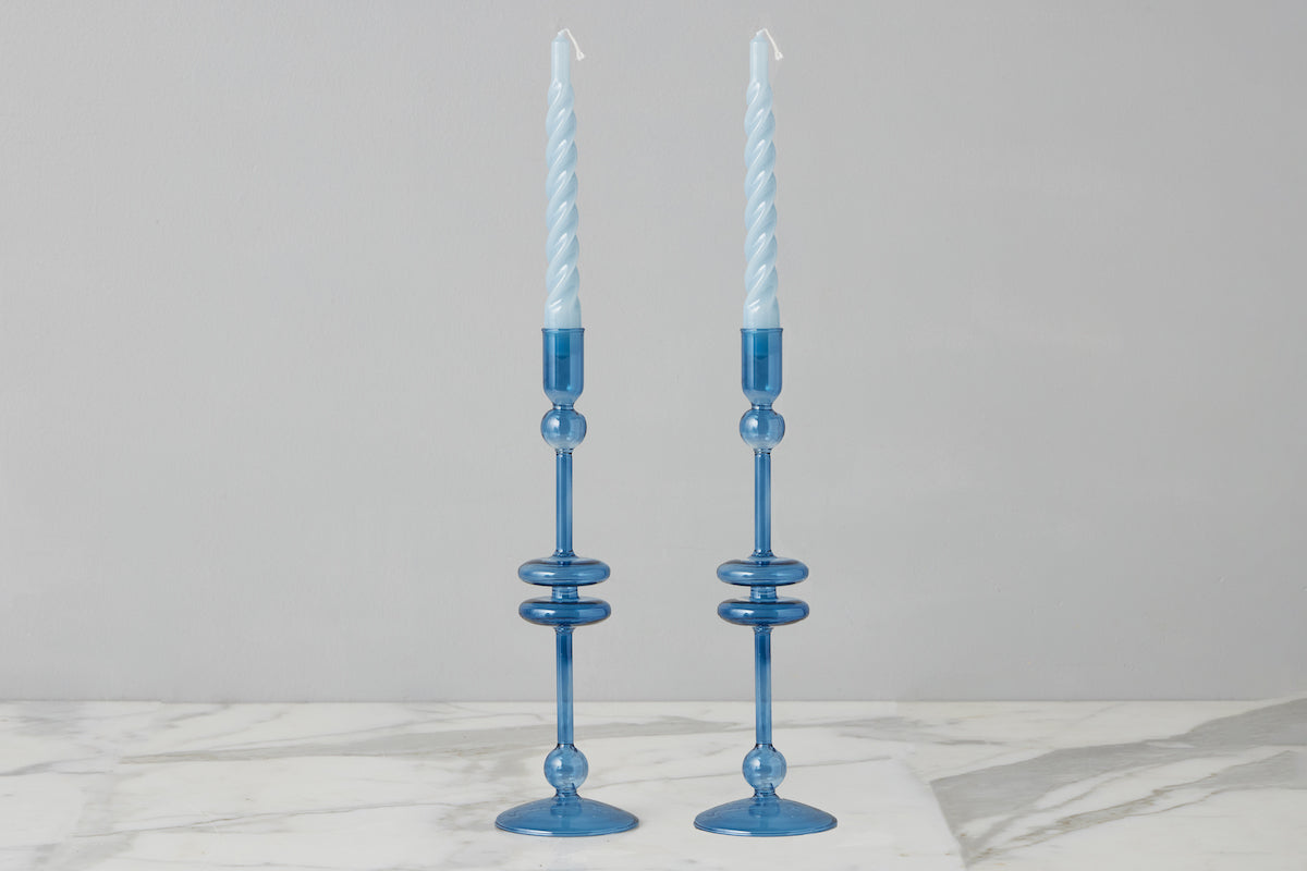 Glass Candlestick | Sapphire | Large | Set of 2