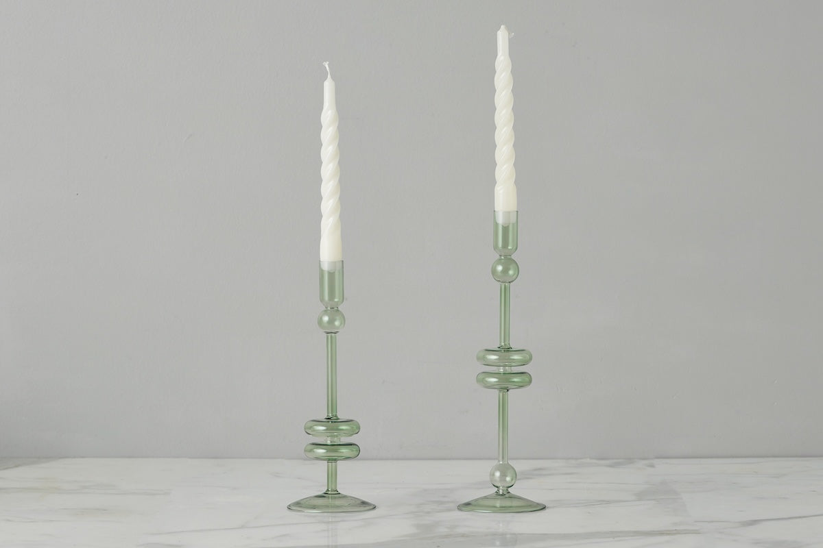 Glass Candlestick | Sage | Medium | Set of 2