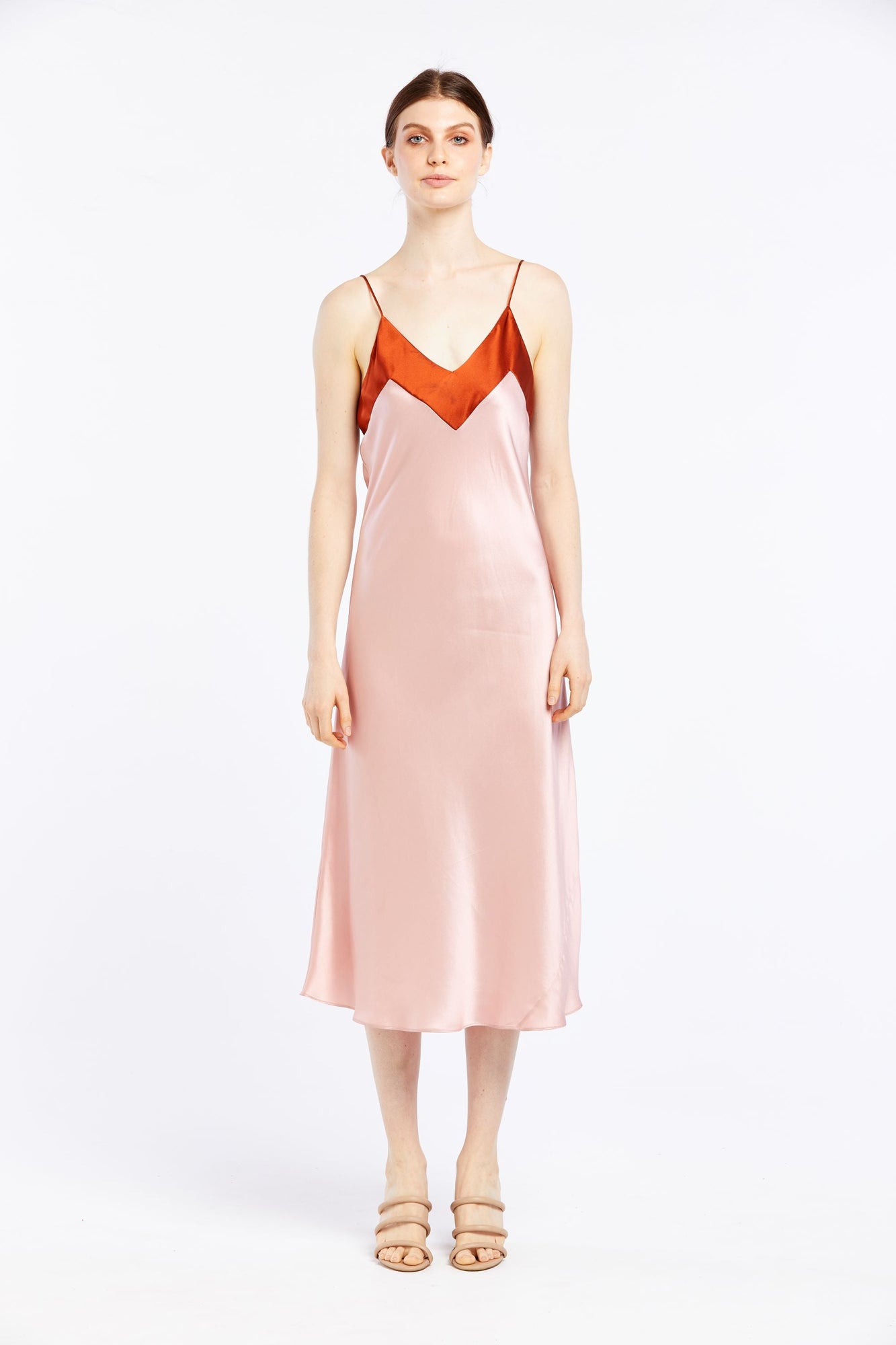 Contrast wide band V-neck long nite | Dusty Rose/Amber