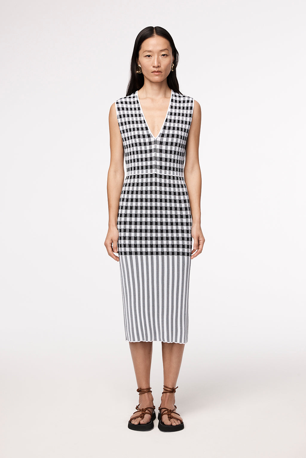 Another Tomorrow Gingham Knit Dress in Gingham Mix – Viscose Women's Dress