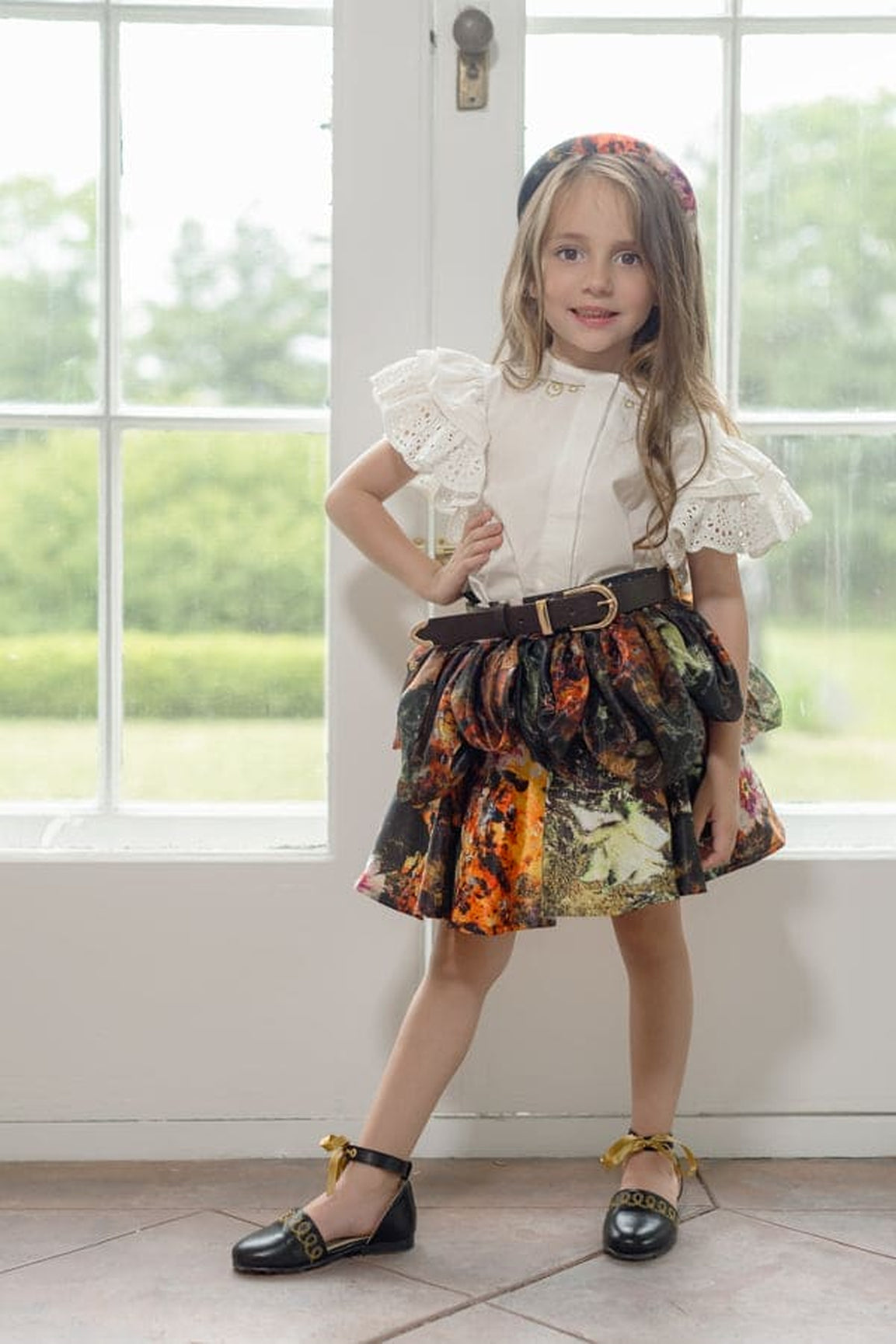 Girl | Alexis Brown Floral Print Skirt with Belt