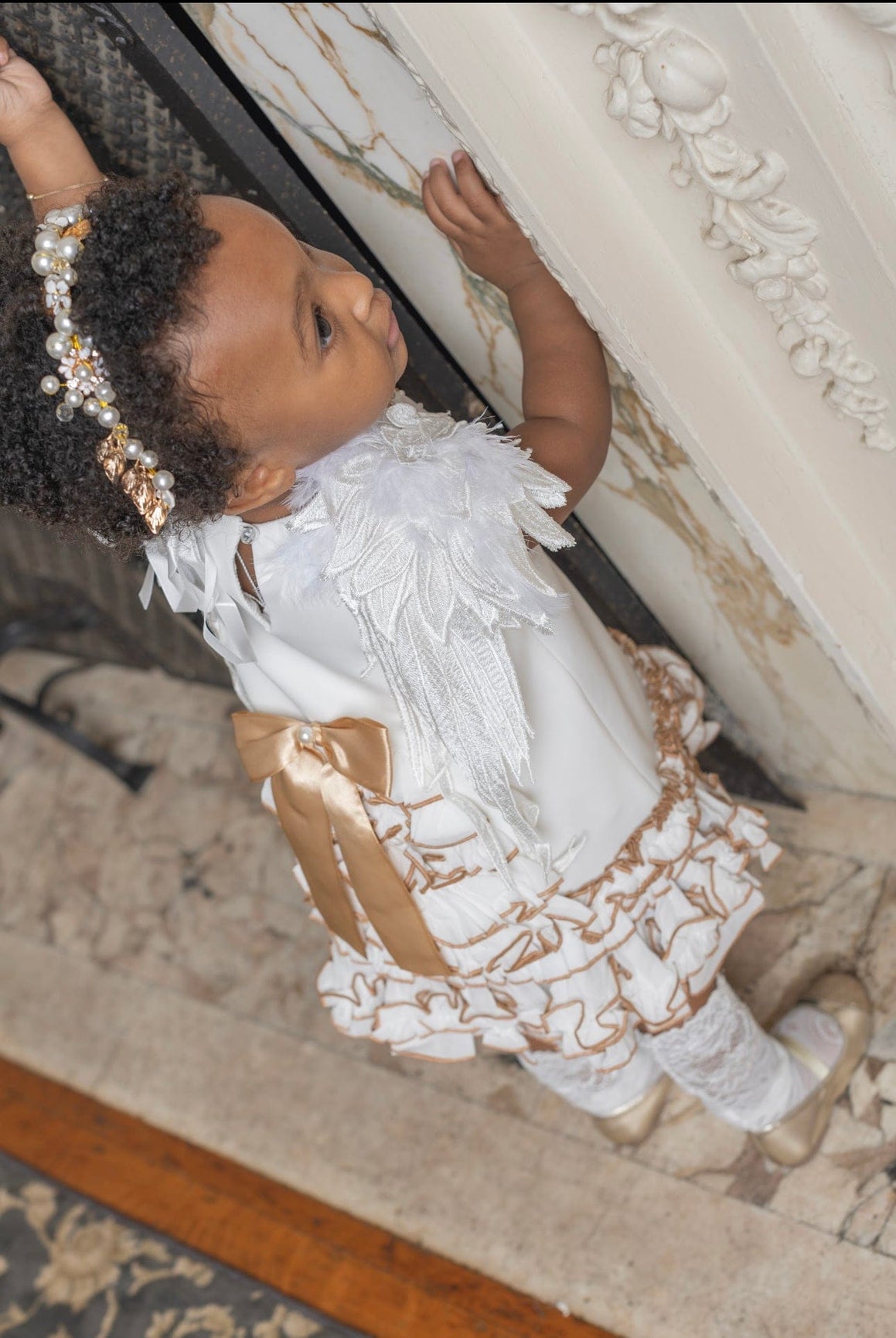Girl | Angelina Feather Wings Dress | White x Gold