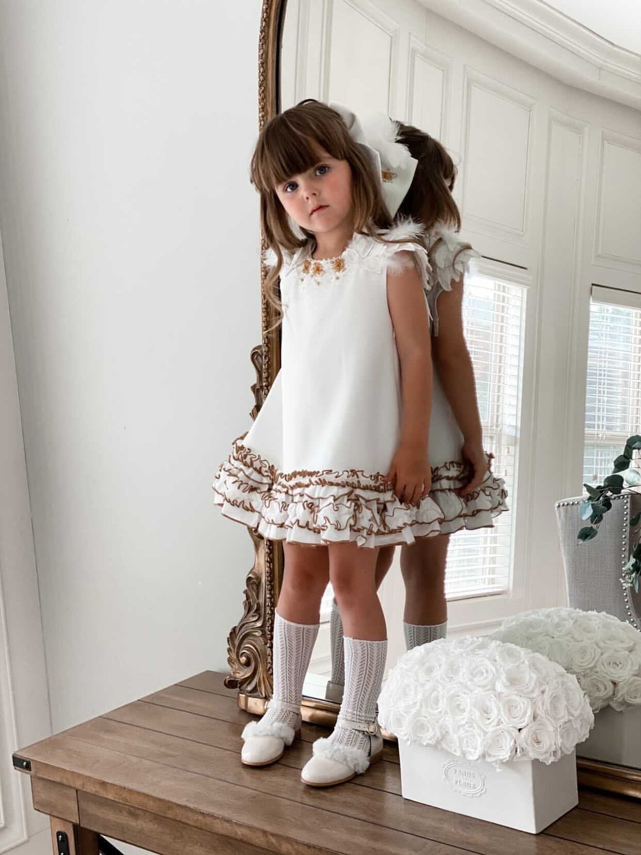Girl | Angelina Feather Wings Dress | White x Gold
