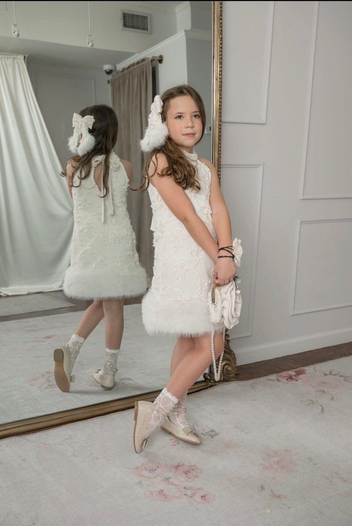 Girl | Ava Ivory Flower Faux Fur Dress