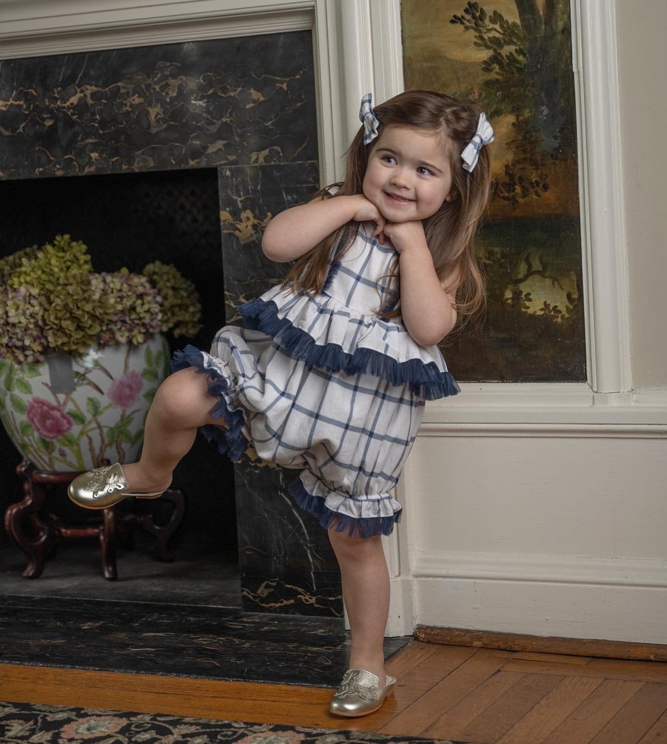Girl | Checkered Linen Ruffle Romper | White x Navy