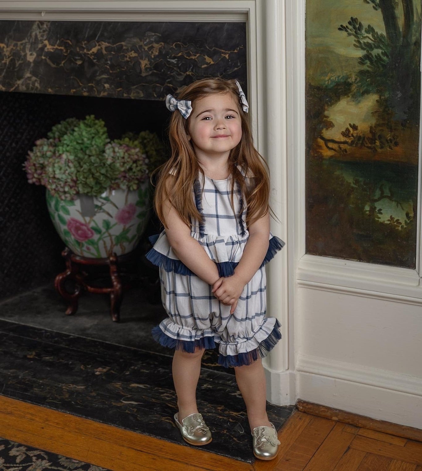 Girl | Checkered Linen Ruffle Romper | White x Navy