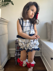 Girl | Checkered Linen Ruffle Romper | White x Navy