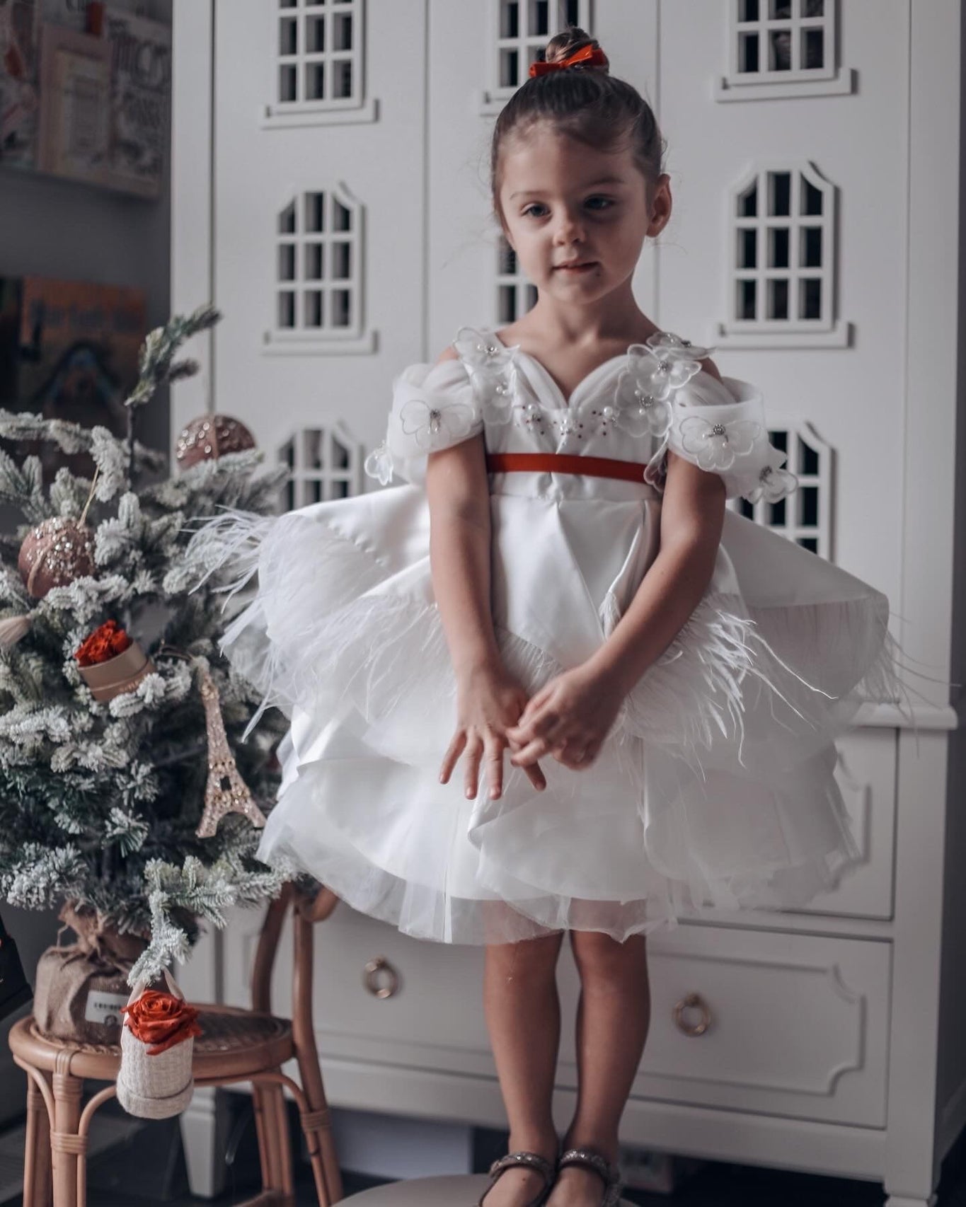 Girl | Constanza Ceremony Dress with Bow | White x Red