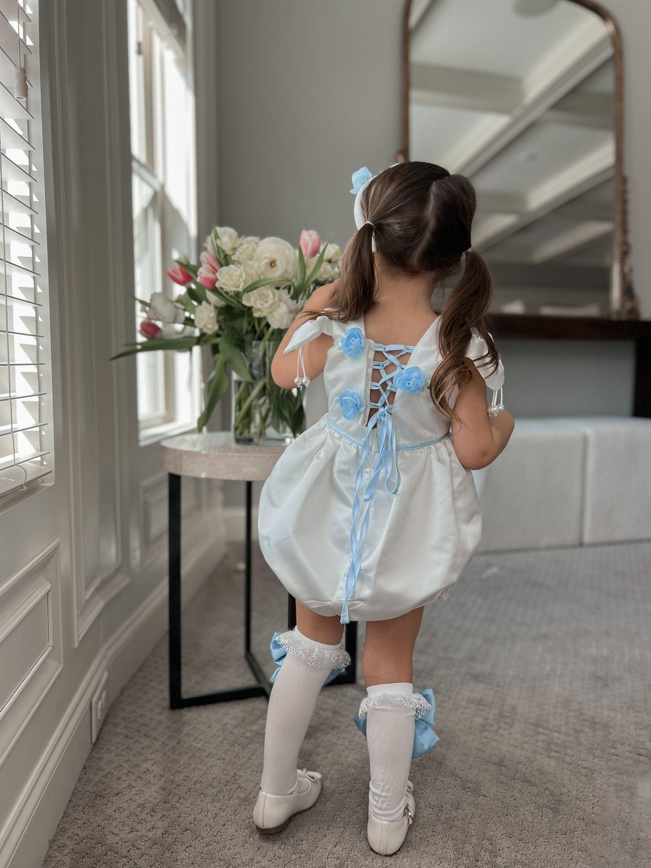 Girl | Daphne Satin Romper with Embroidery | White x Blue