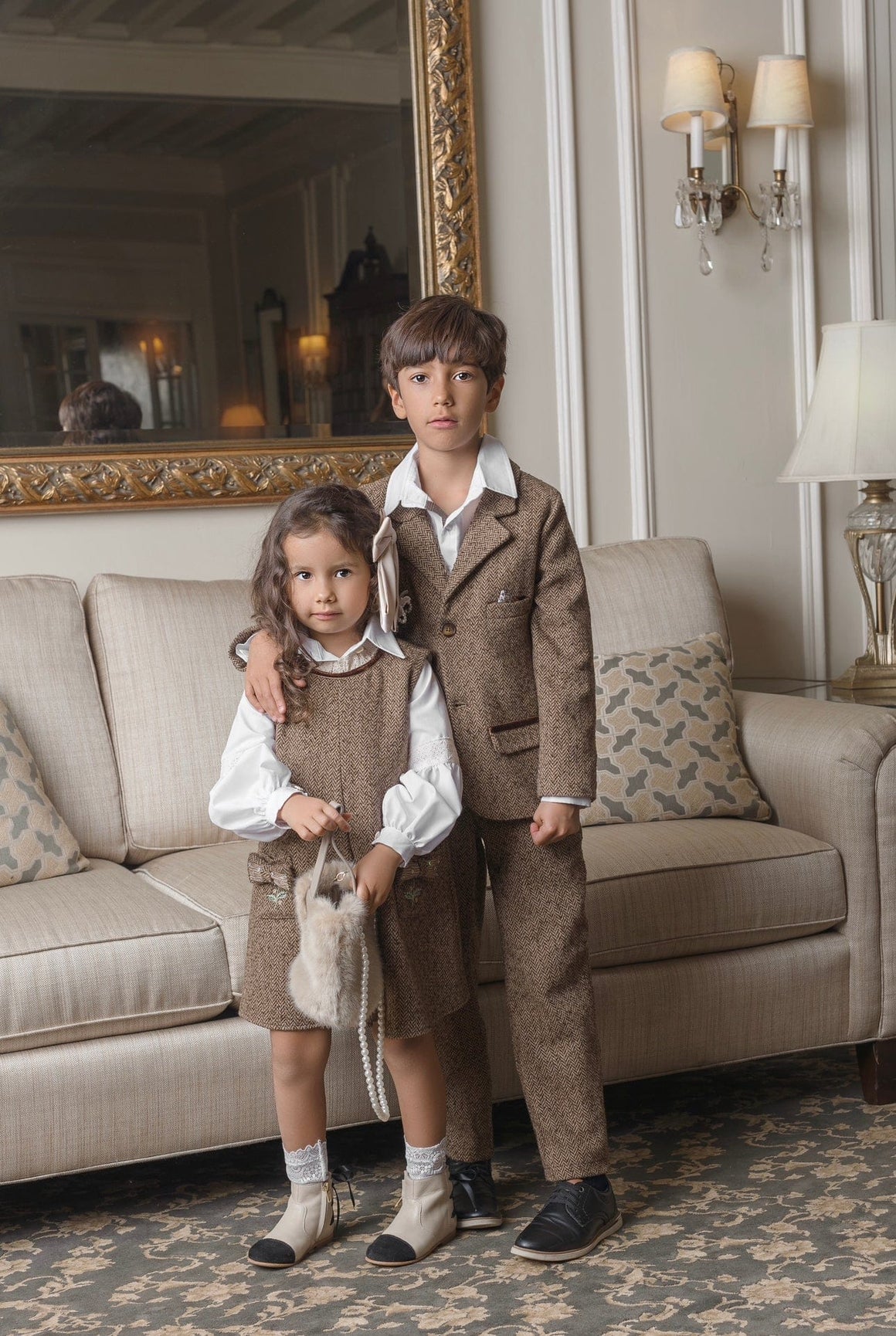 Girl | Herringbone Dress and Blouse Set | Brown x White
