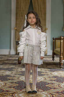 Girl | Iris Blouse and Tweed Shorts Set | White x Ivory x Blue