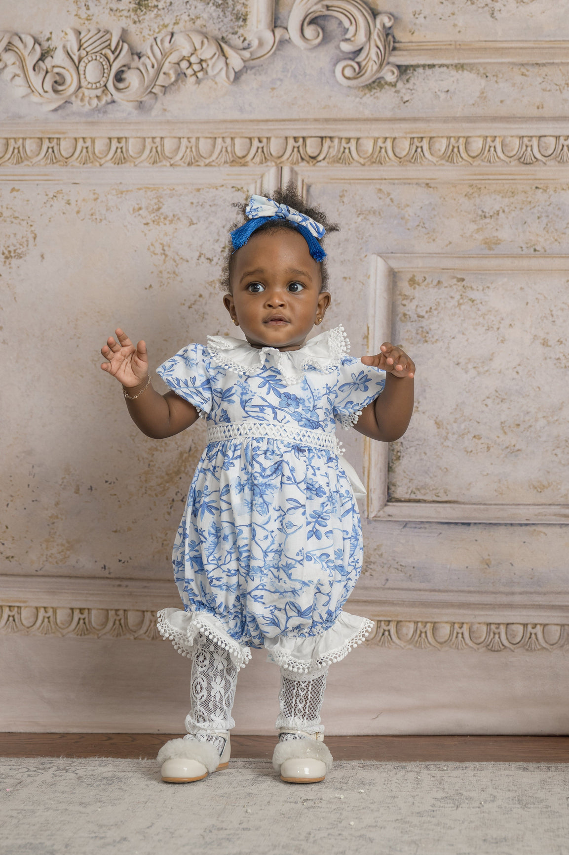 Girl | Jaylin Blue and White Linen Romper