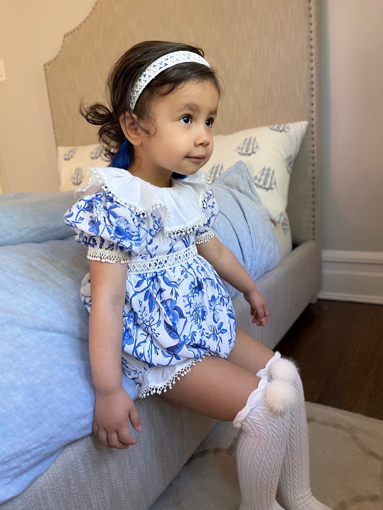 Girl | Jaylin Blue and White Linen Romper