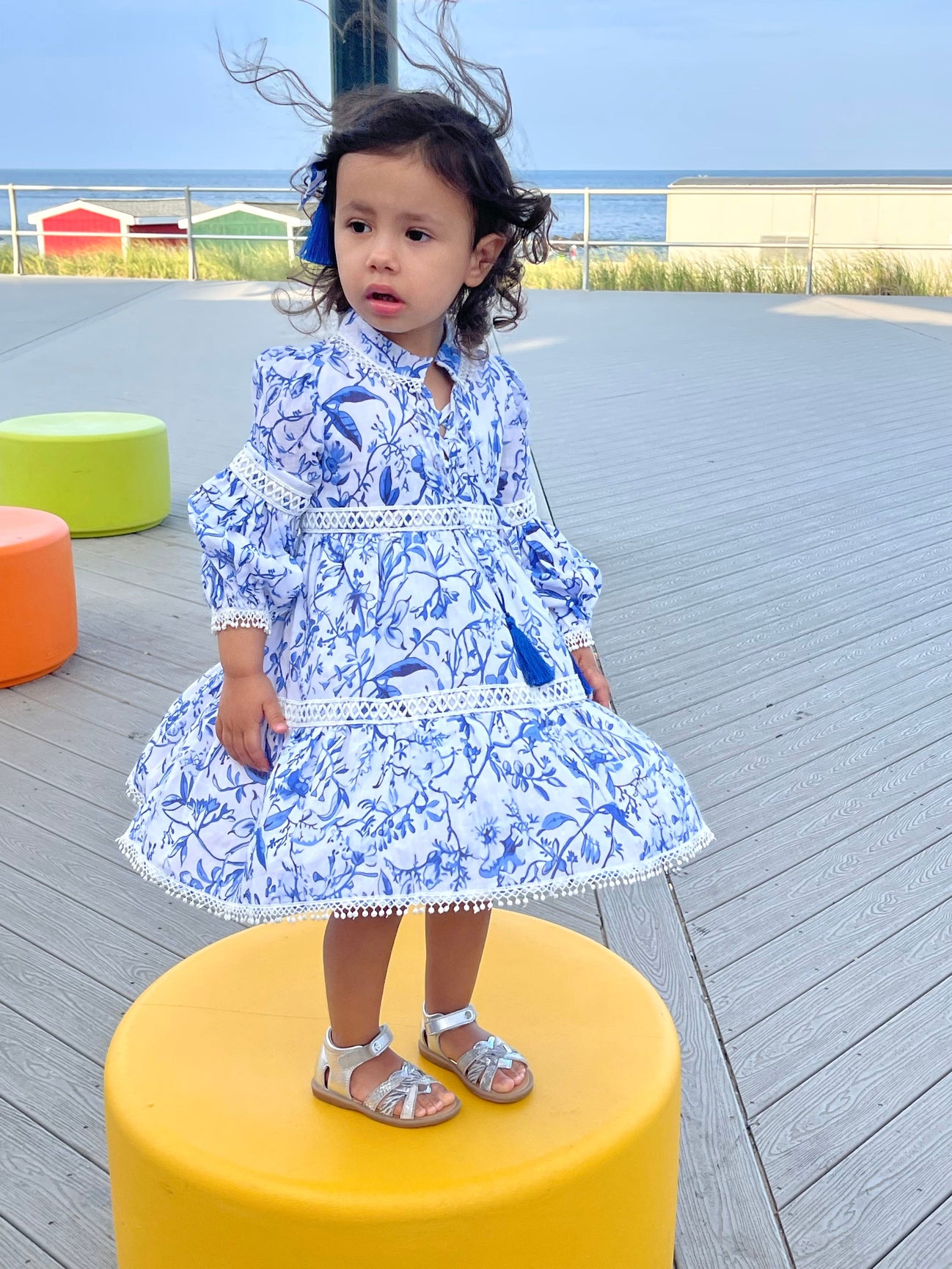 Girl | Jaylin Linen Blue and White Long Sleeve Dress