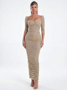 Sorrel Ruched Chiffon Long Maxi Dress | Gold