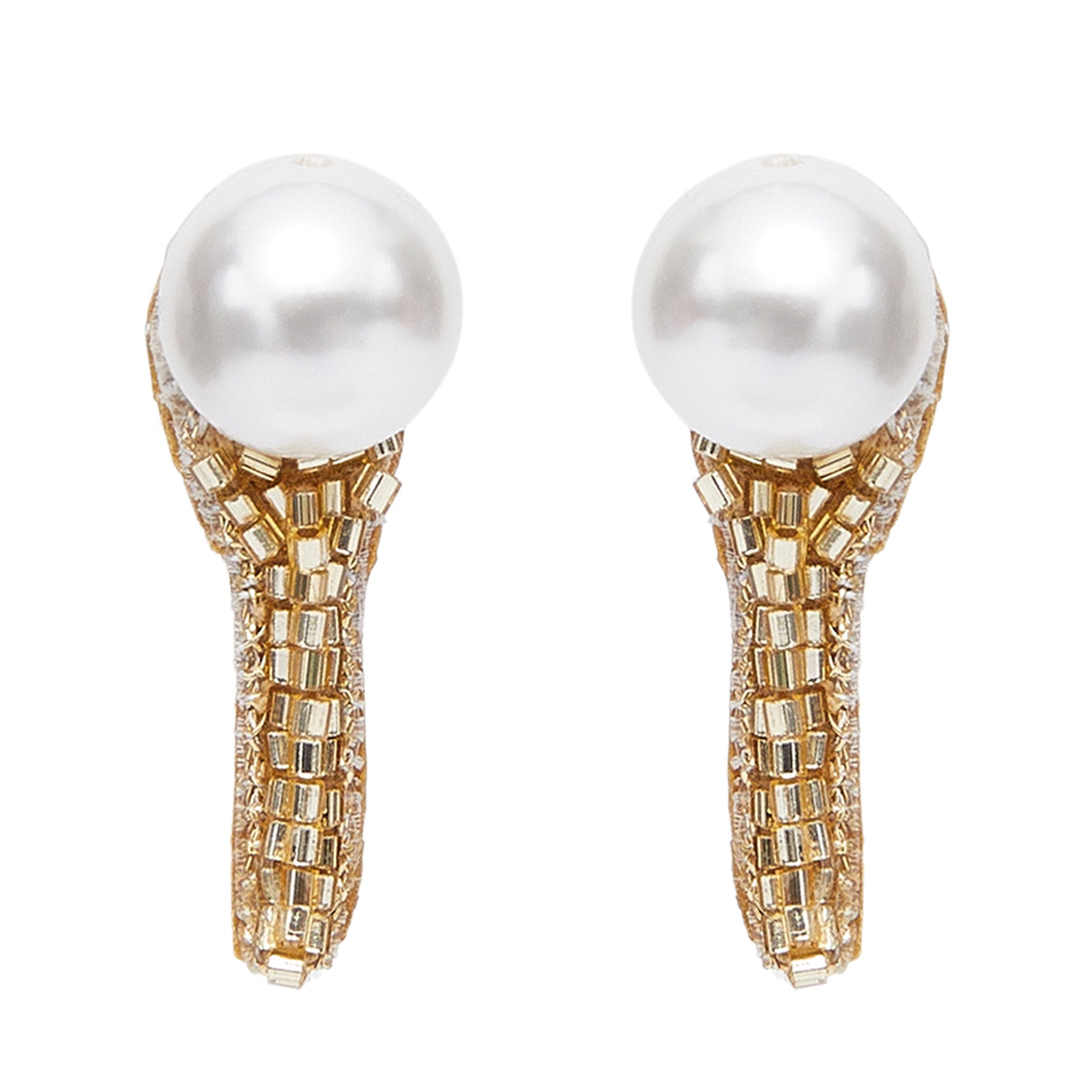 Gold Bead and Pearl Stud Earrings on Flat White Background