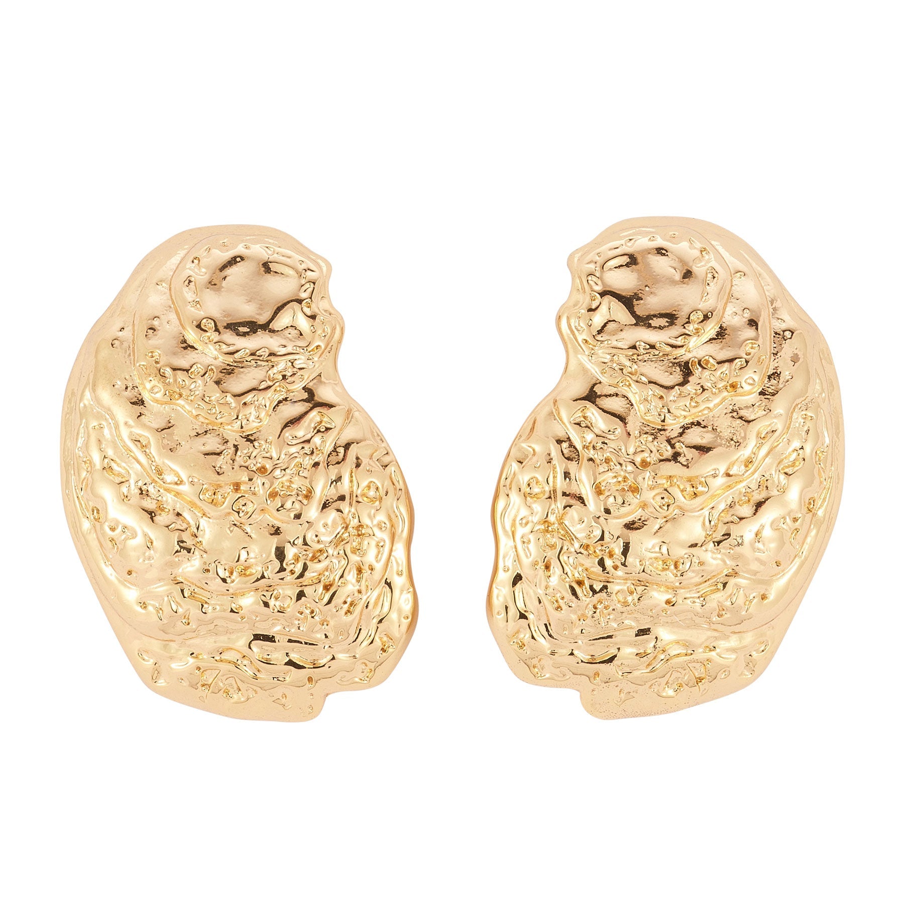 Gold Oyster Shell Stud Earrings on Flat White Background
