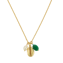 Freshwater Pearl, Gold Cowrie Shell, and Green Stone Pendant Charm Necklace on Flat White Background