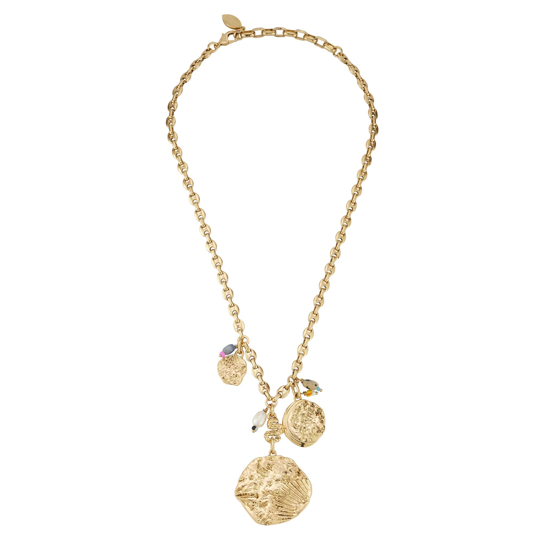 Gold Coin Charm Necklace on Flat White Background