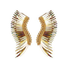 Gold Sequin Wing Stud Earrings on Flat White Background