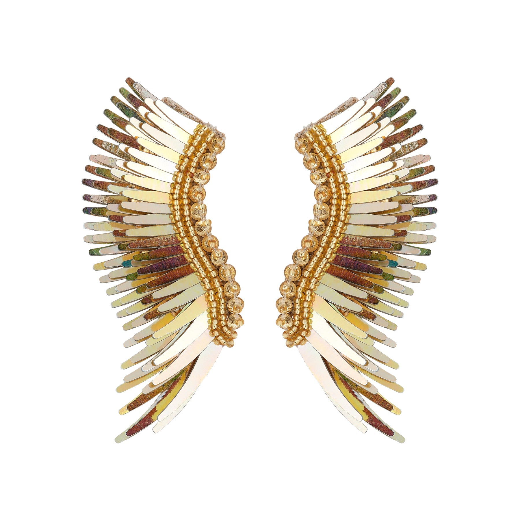 Gold Sequin Wing Stud Earrings on Flat White Background