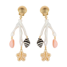 Gold, Freshwater Pearl, and Shell Charm Drop Earrings on Flat White Background