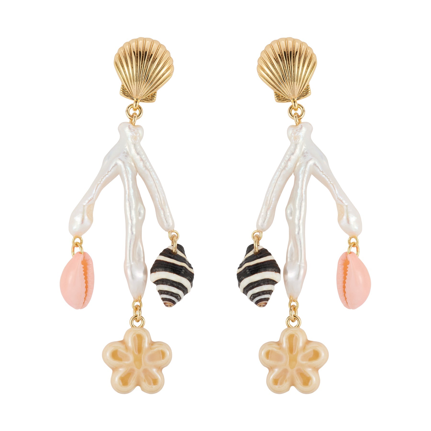 Gold, Freshwater Pearl, and Shell Charm Drop Earrings on Flat White Background
