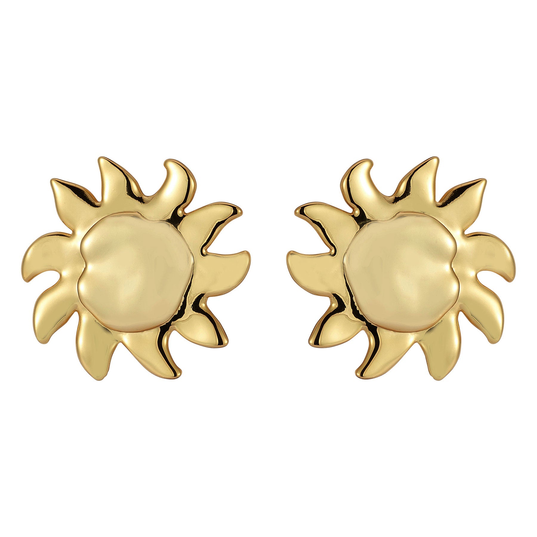 Gold Sun Stud Earrings on Flat White Background