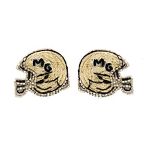 Gold and Black Beaded Football Helmet Stud Earrings on Flat White Background