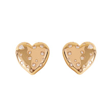 Gold and Crystal Heart Stud Earrings on Flat White Background