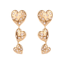 Crystal and Gold Triple Drop Heart Earrings on Flat White Background