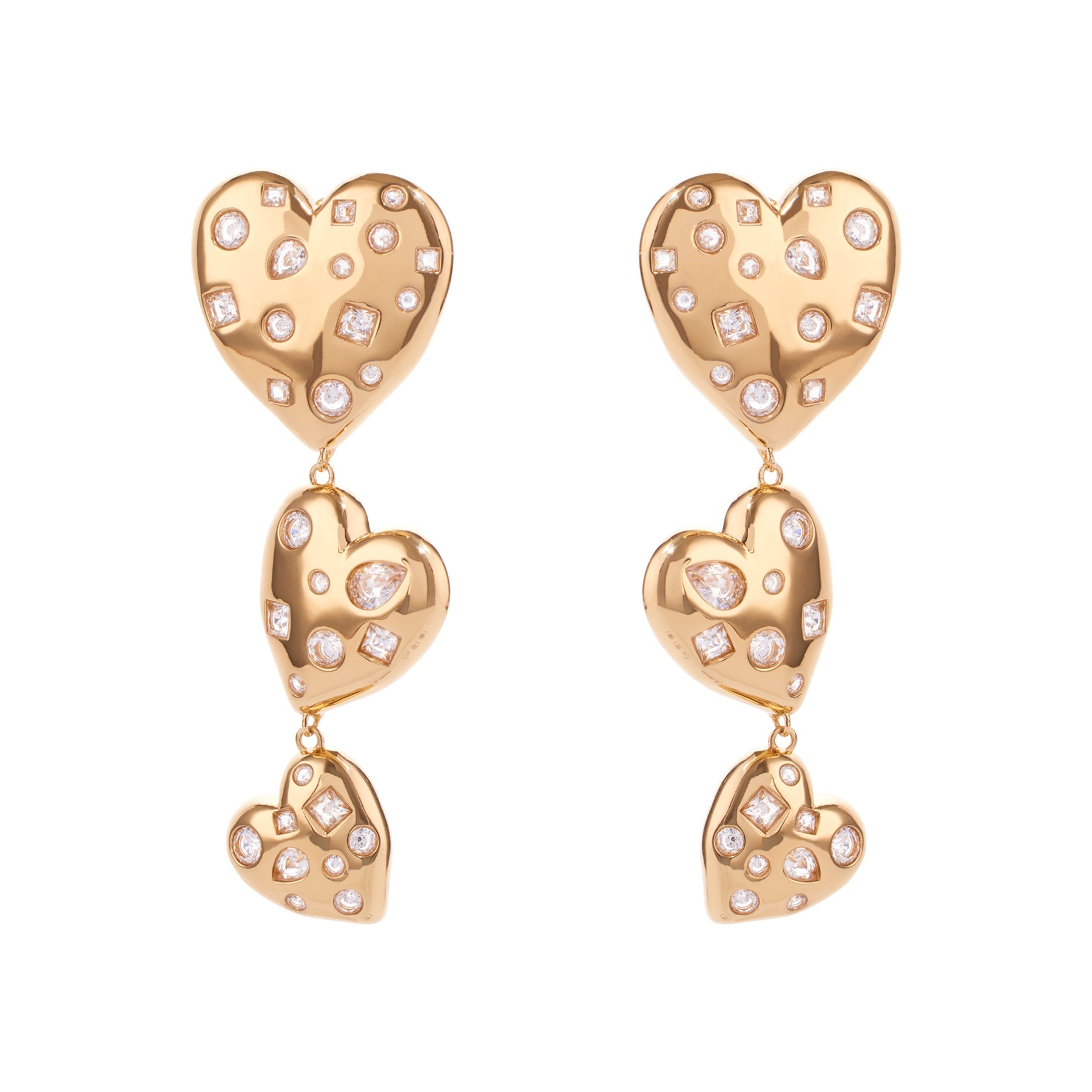 Crystal and Gold Triple Drop Heart Earrings on Flat White Background