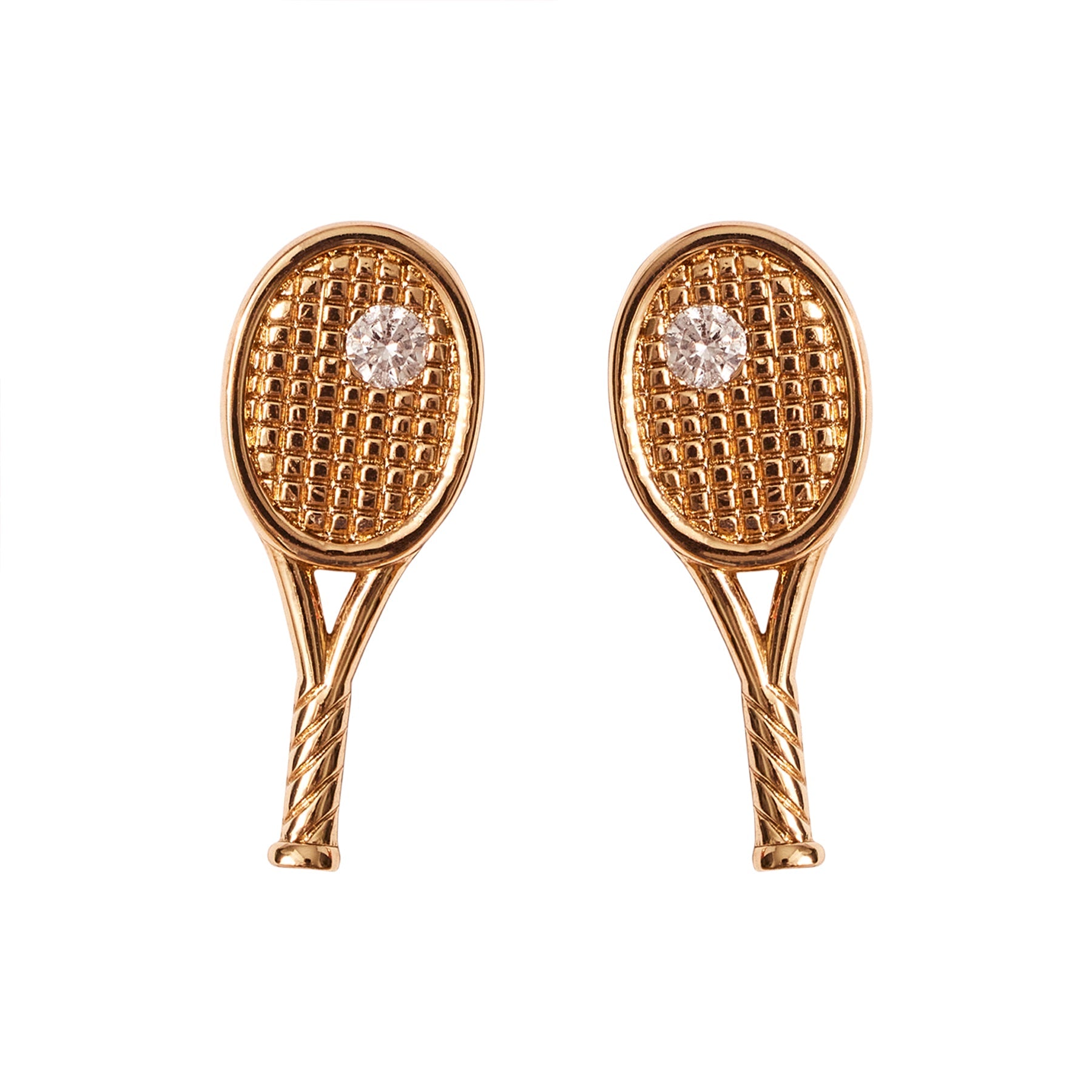 Gold and Crystal Tennis Racket Studs on White Background