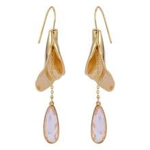 Pink Crystal and Gold Drop Earrings on Flat White Background