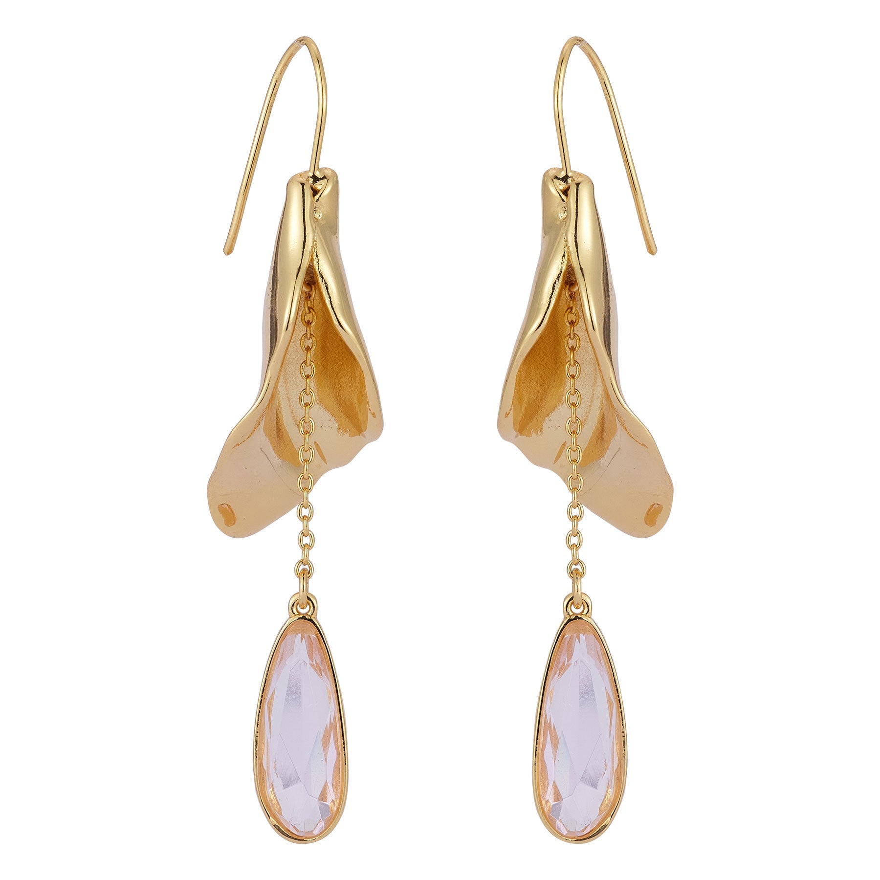 Pink Crystal and Gold Drop Earrings on Flat White Background
