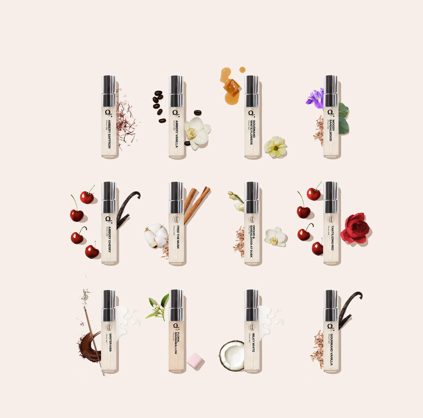 Multiple small bottles with floral and fruit decorations on a light background