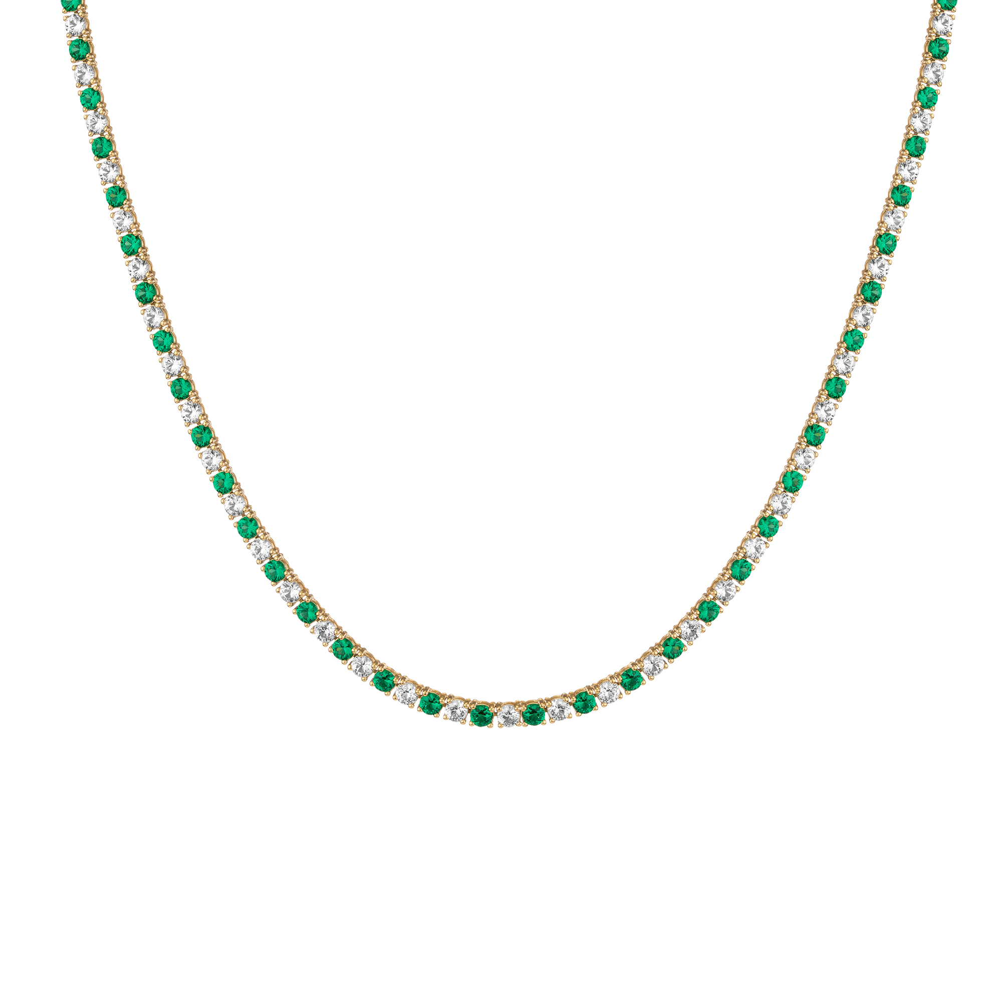 Lab Grown White Sapphire and Green Emerald Alternating Tennis Necklace Vermeil Yellow Gold 16in First