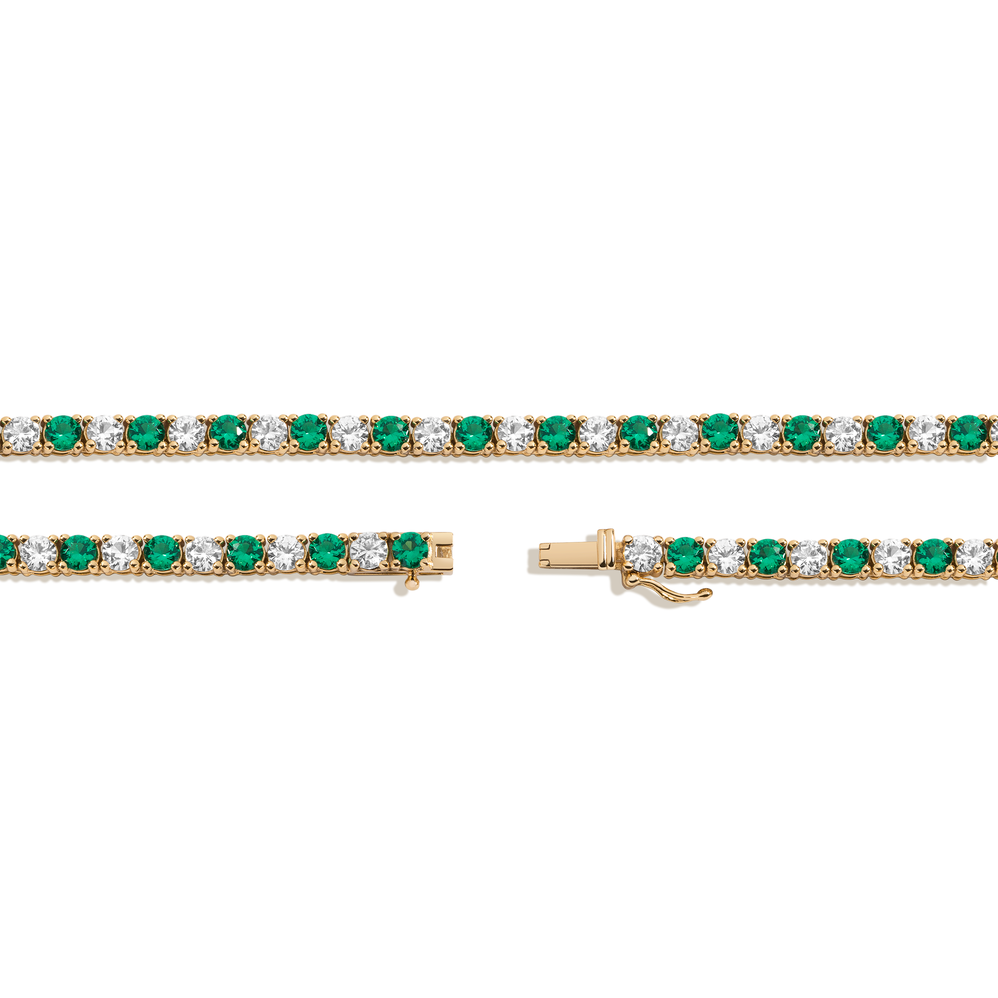 Lab Grown White Sapphire and Green Emerald Alternating Tennis Necklace Vermeil Yellow Gold 16in