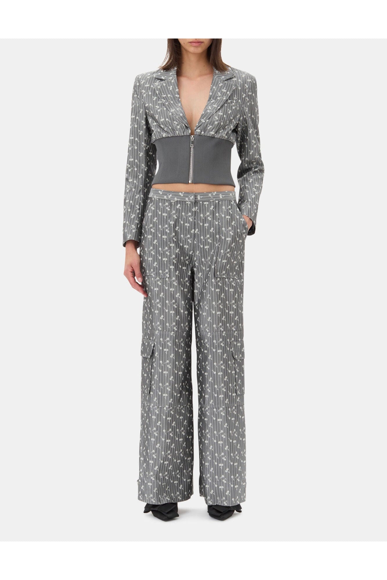 Grey Jacquard Cropped Blazer | Smoked Pearl