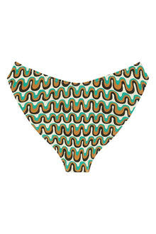Turquoise bikini bottom with repeating wavy stripe pattern in gold, black, and cream.