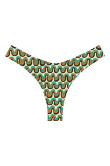 Bikini bottom with turquoise, gold, and black wavy stripe pattern and zig-zag stitched edges.