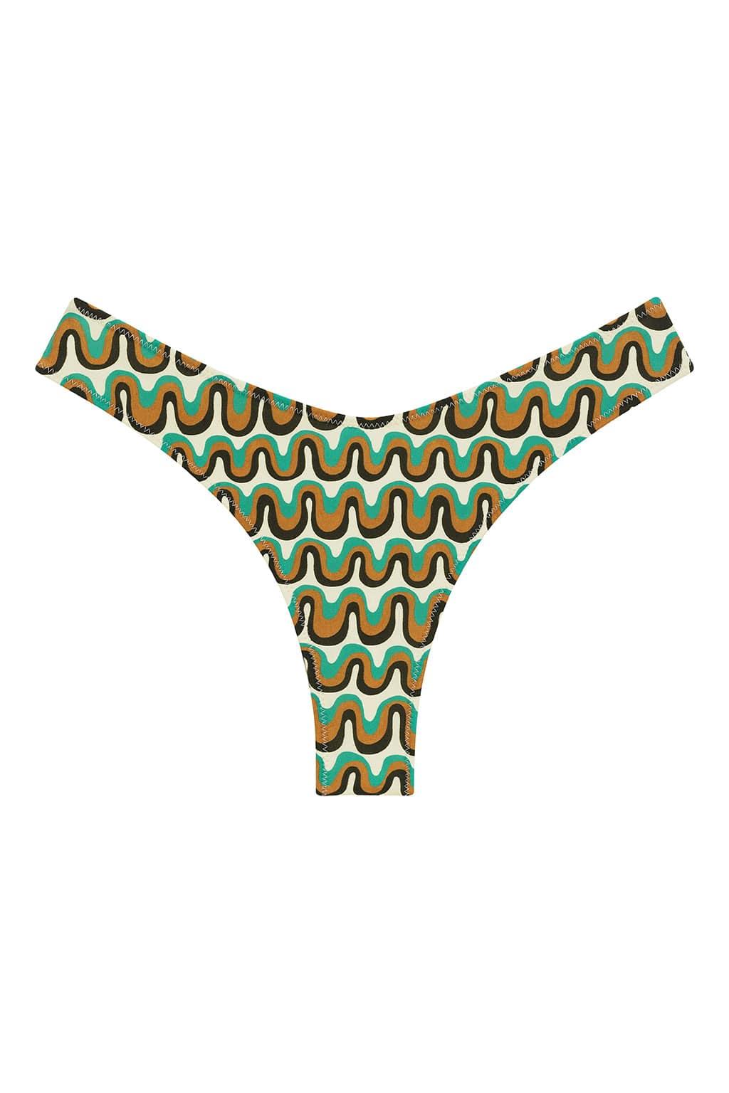Bikini bottom with turquoise, gold, and black wavy stripe pattern and zig-zag stitched edges.