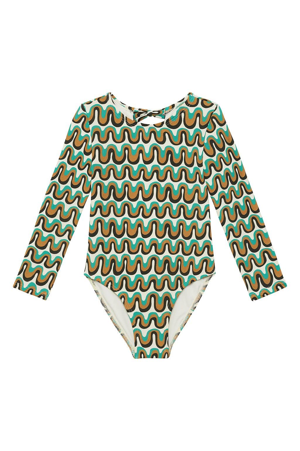 One-piece swimsuit with long sleeves featuring a repeating wavy pattern in turquoise, gold, and brown on cream background.