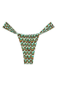 Teal, gold, and black wavy striped bikini bottom with high-leg cut and ruched sides.