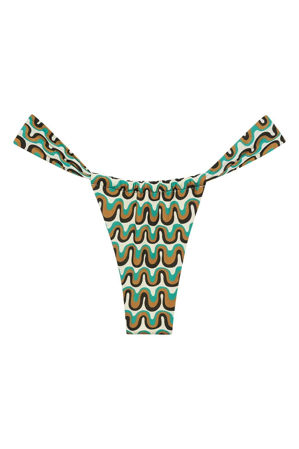 Teal, gold, and black wavy striped bikini bottom with high-leg cut and ruched sides.