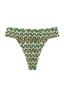 Bikini bottom with wavy striped pattern in turquoise, mustard, cream, and brown colors.