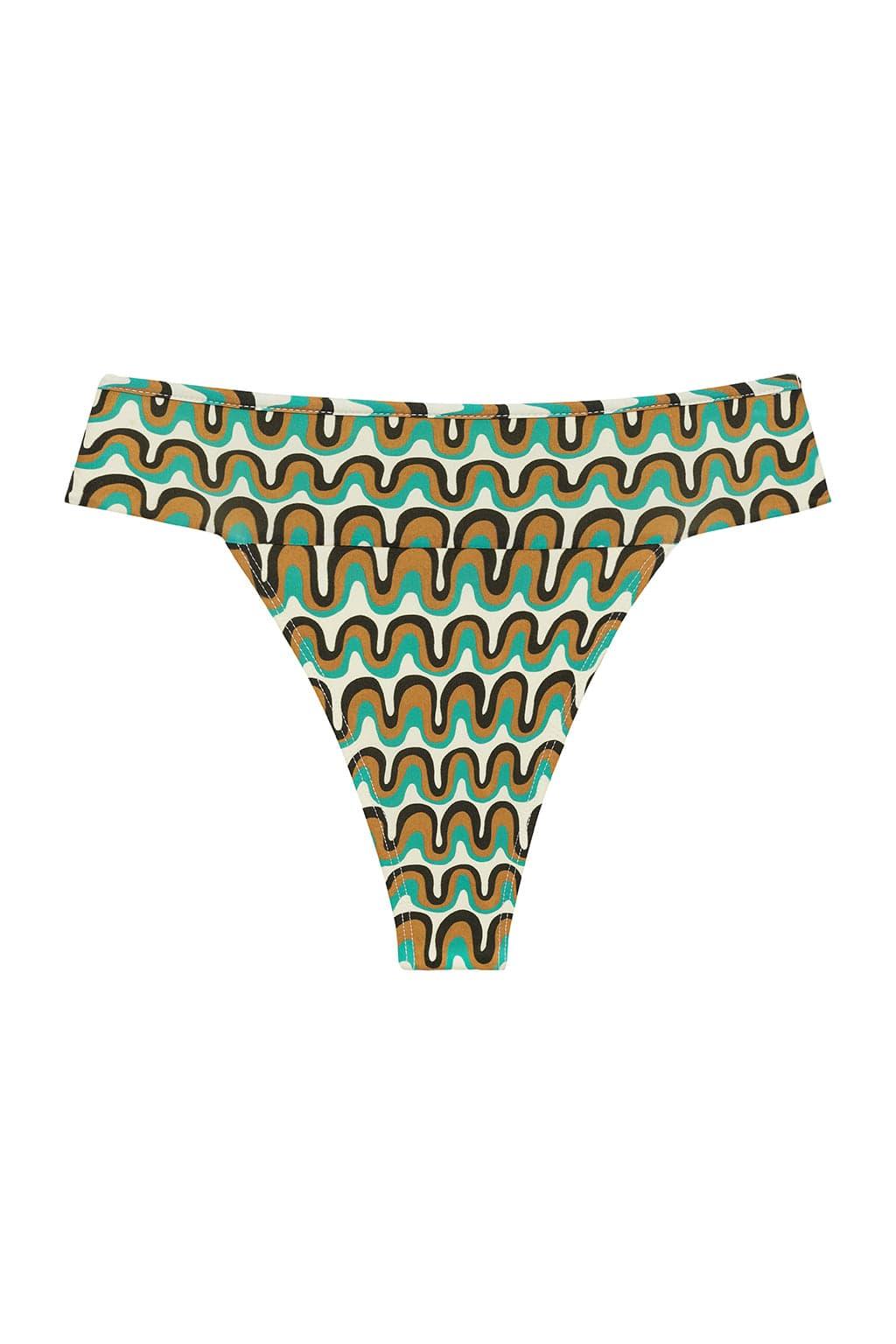 Bikini bottom with wavy striped pattern in turquoise, mustard, cream, and brown colors.