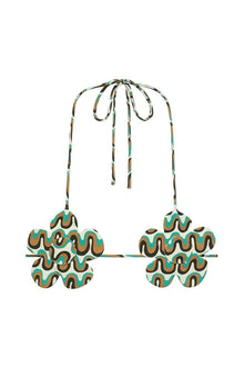 Bikini top with flower-shaped cups in turquoise, brown, and cream wavy pattern with striped tie straps.