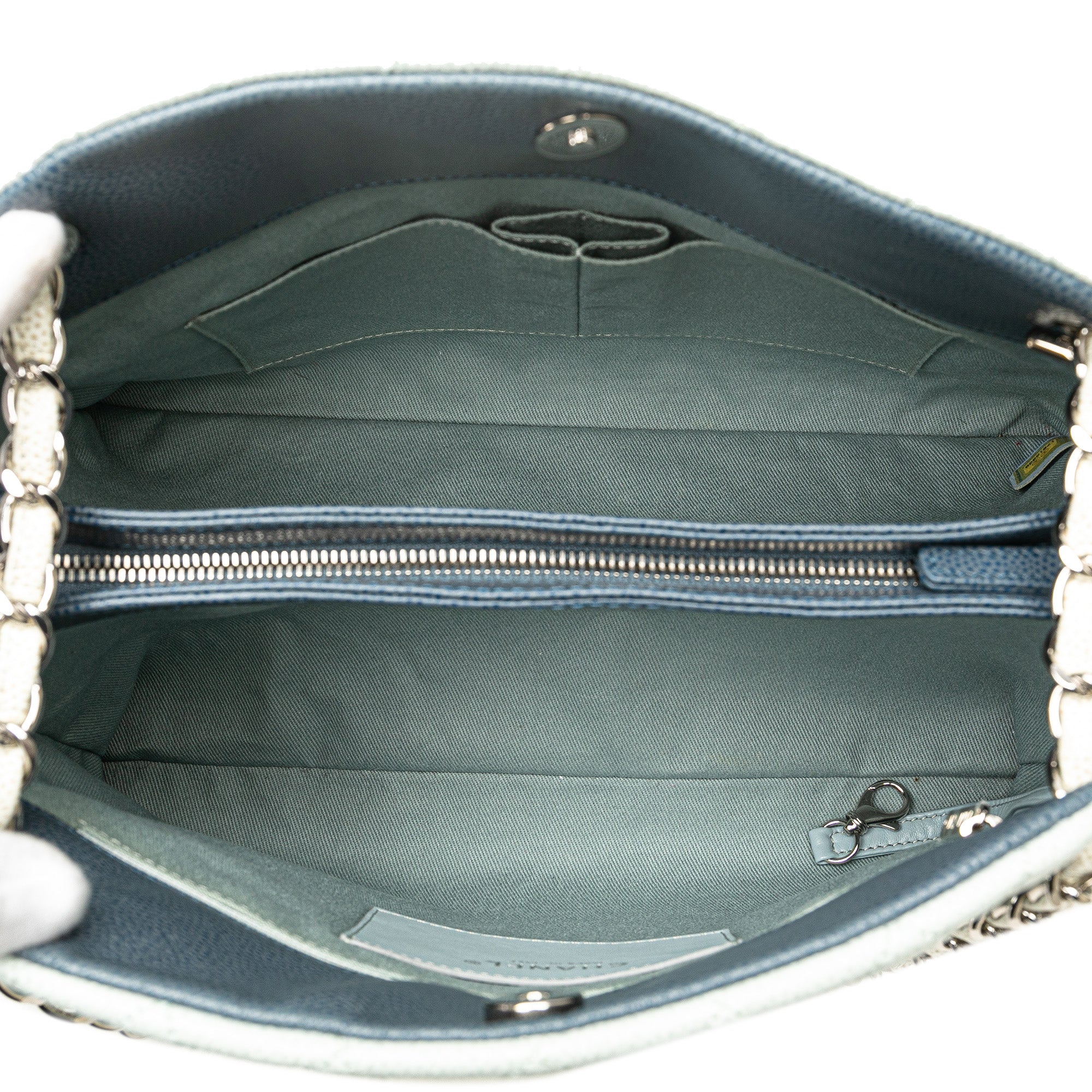 Chanel | Pre-Owned Large Tricolor Caviar Just Mademoiselle Bowling Bag | Blue