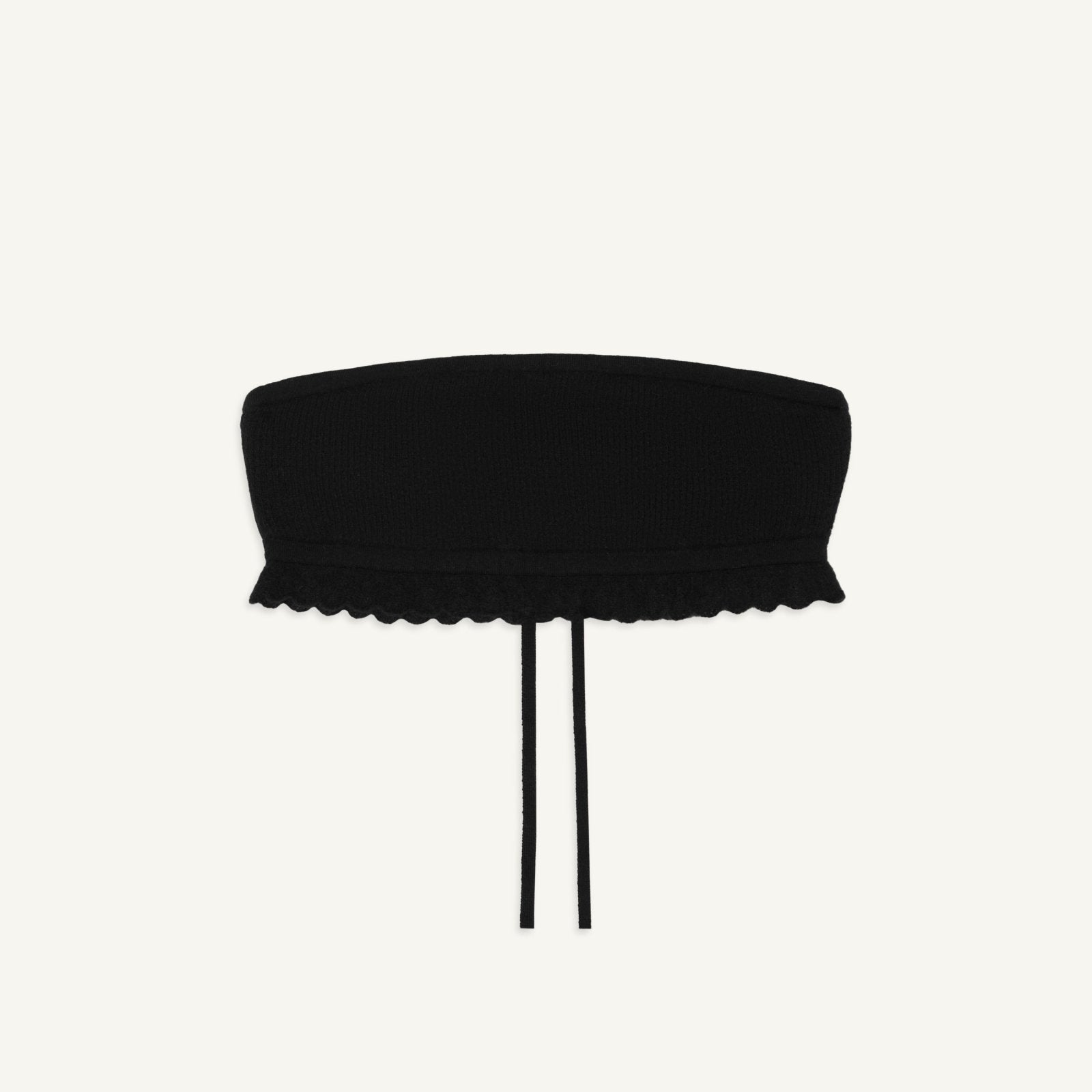 Black bandeau top with scalloped lace trim along the hem